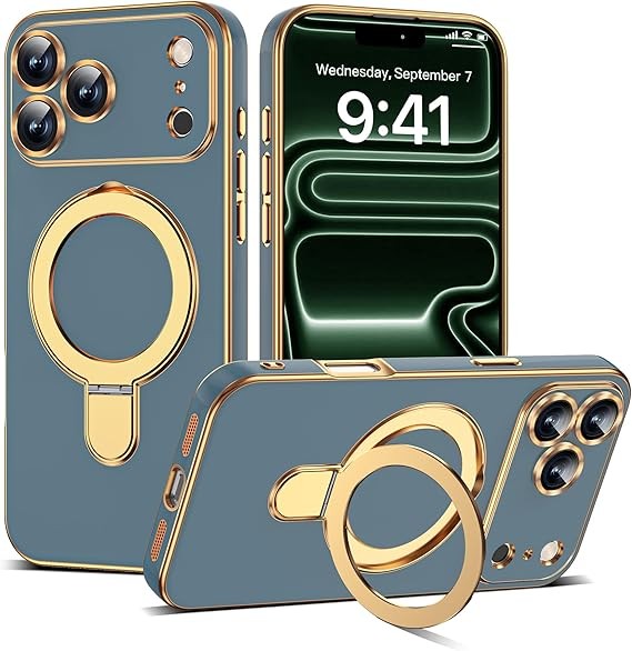 Compatible with iPhone 17 Pro Case with Magnetic Ring Stand [Compatible with Mag-Safe] [Full Camera Lens Protector] Soft Plating Phone Case for iPhone 17 Pro 6.3", Grey Blue