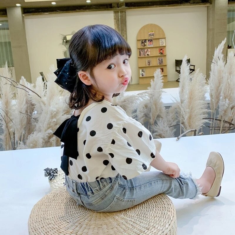 女童夏裝套裝 新款兒童幼童圓點T恤短袖時髦兩件套110碼
