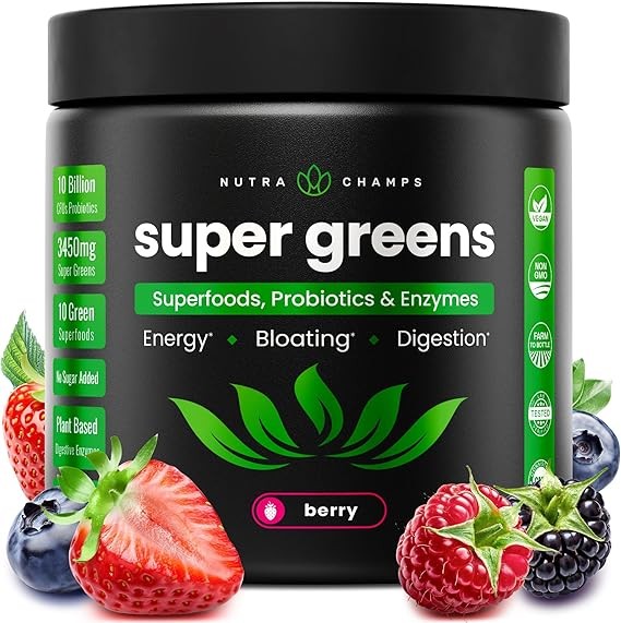 Super Greens Powder 優質超級食品 | 小麥草、螺旋藻、綠藻等 20 多種有機綠色素食全食物 | 抗氧化、消化酵素和益生菌混合（9.0 盎司，約 255.1 公克）