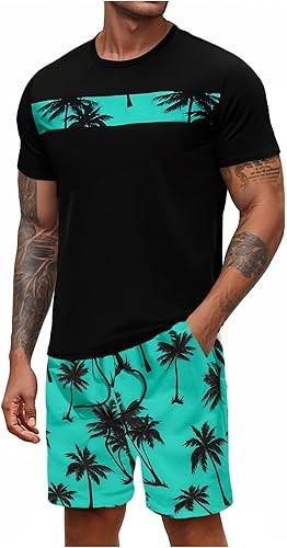 男款襯衫和短褲 2 件組圖案印花海灘服裝