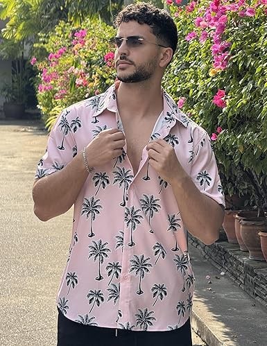 男款夏威夷襯衫短袖鈕扣襯衫熱帶花卉夏季海灘襯衫