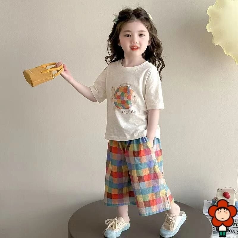 女童夏季套裝2026新款兒童洋氣短袖寶寶時髦格子九分闊腿褲兩件套100碼
