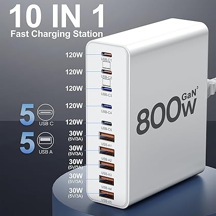 800W USB C 充電器塊,10 埠充電站 GaN 快速充電 Type C 和 USB A 壁式充電器轉接器,適用於 MacBook Pro/Air、iPhone iPad、Dell XPS、Samsung Galaxy(白色)