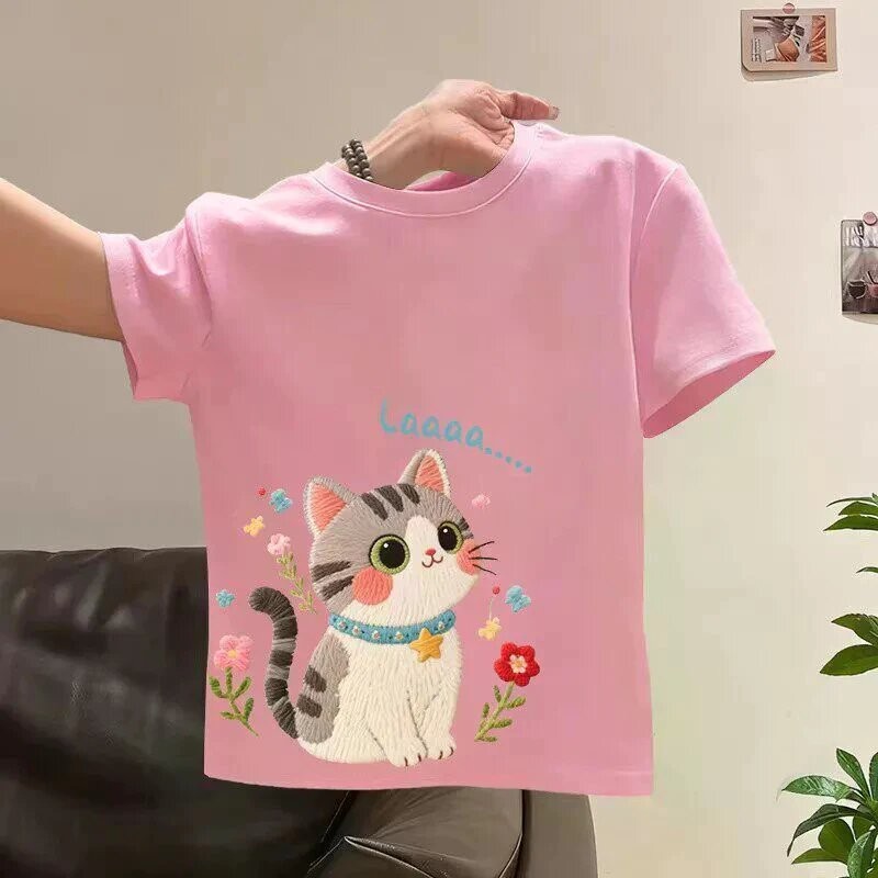 夏日新品~夏季兒童短袖T恤卡通新款可愛貓咪印花女童純棉夏裝t衫110碼