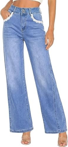 Jeans for Women Wide Leg High Waisted Stretchy Straight Leg Jean Trendy Denim Pants with Lace Pockets