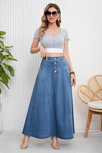 Women's Retro High Waisted Button Fly Flared Long Jean Skirts Pleated Flowy Swing A-line Denim Maxi Skirts