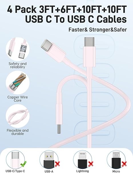 三星充電器 Type C,2 入 45W 雙埠 USB C 快速充電器座,附長 60W 3/6/10/10 英尺 USB C 轉 C 線
