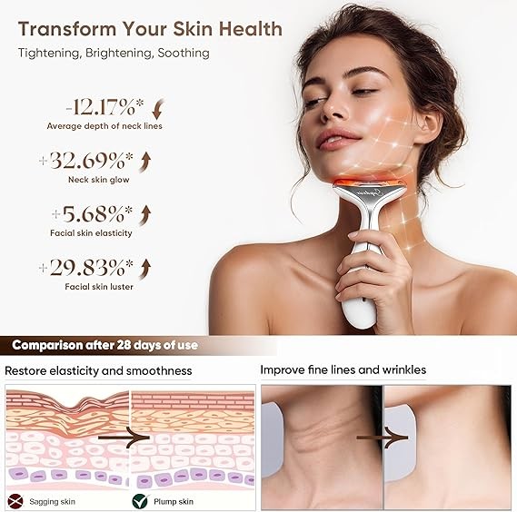 3-in-1 Facial Massager for Face and Neck, with Suction, Vibration, Heat, 3 Red Light Therapies for Skin Glow, Face Lift, Neck Firm, White