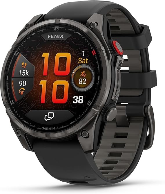公釐,AMOLED 顯示器,優質連接多項運動 GPS 智慧型手錶,inReach 技術,藍寶石,碳灰色 DLC 鈦金屬,附黑色/卵石灰矽膠錶帶