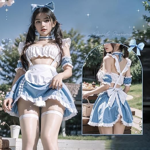 動漫女僕制服可愛布勒白色格子內衣性感角色扮演服裝(愛麗絲藍色)