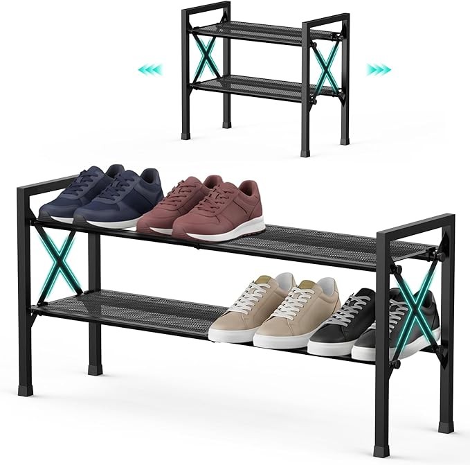 2-Tier Expandable Shoe Rack Organizer with Wire Mesh Shelves, Sturdy Metal Shoe Shelf with 3-Tier Storage, adjustable Shoe Stand, Free Standing Shoe Rack for Closet, Entryway, Garage - Black