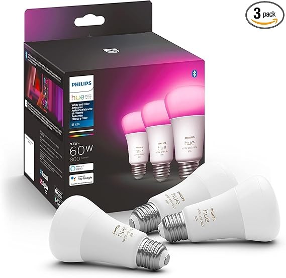 飛利浦 Hue 白光和彩色氣氛 A19 E26 LED 智慧燈泡，與藍牙和 Zigbee 相容（可選購 Hue Hub ），與 Alexa 和 Google Assistant 相容 – 經 Humans Device 認證 （562785 ）， 3 入