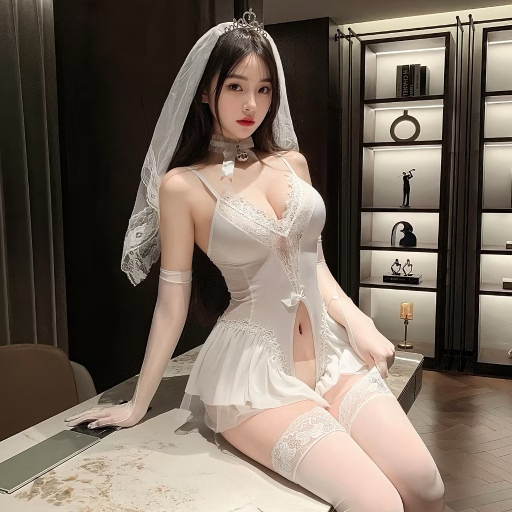 深V蕾絲覆胸花邊裙擺柔紗透視大開檔連體衣新娘套裝 情趣衣 情趣制服 情趣內衣 角色扮演 約會套裝