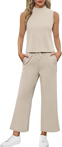Two Piece Sets for Women Summer Outfits Lounge Sets Mock Neck Tops Wide Leg Crop Pants Vacation Travel Outfits