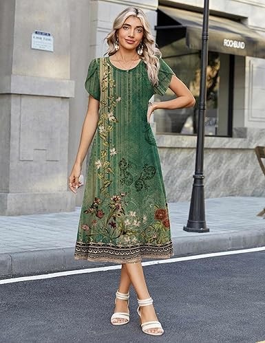 女款 休閒 夏季 洋裝 2026 花瓣 短袖 洋裝 打褶 中長裙 A 字型飄逸洋裝