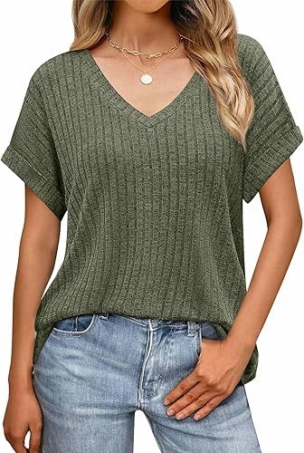 Summer Tops for Women 2026 V Neck Short Sleeve Shirts Dressy Casual Blouses Trendy Side Split Basic Tees