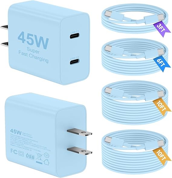 三星充電器 Type C,2 入 45W 雙埠 USB C 快速充電器座,附長 60W 3/6/10/10 英尺 USB C 轉 C 線