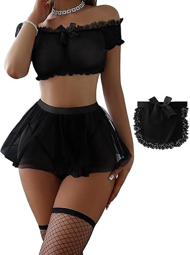 性感絲襪 迷你裙 網眼薄紗 蕾絲 萬聖節服裝 女僕服裝 內衣 附丁字褲組 4 件