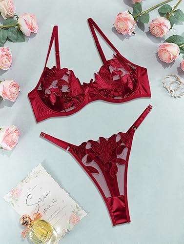 性感緞面網眼花卉薄紗刺繡鋼圈內衣組 2 件式女裝