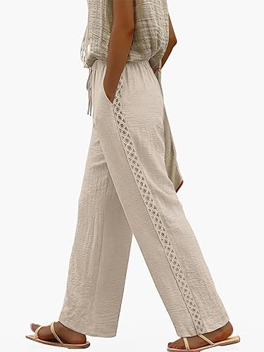 Sampeel Wide Leg Pants for Women Flowy Lace Palazzo Elastic Waist Trousers with Pockets Summer Beach Vacation Outfits