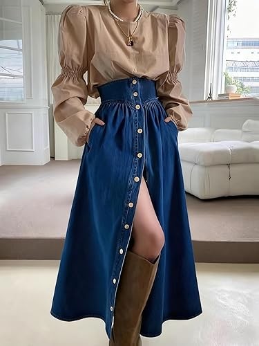 Women's High Waist Long Denim Skirt Button Down Swing A-Line Jean Maxi Skirt with Pockets