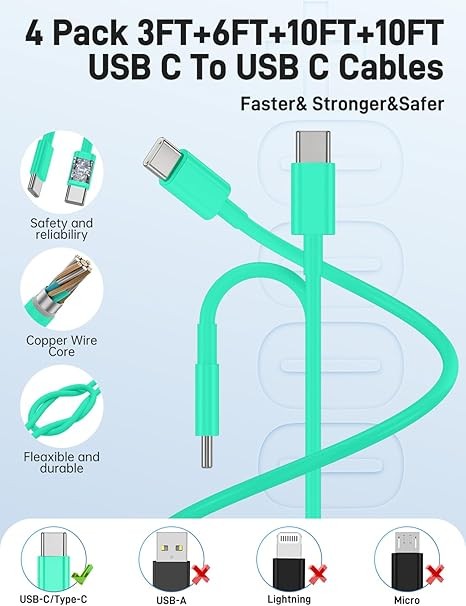 三星充電器 Type C,2 入 45W 雙埠 USB C 快速充電器座,附長 60W 3/6/10/10 英尺 USB C 轉 C 線