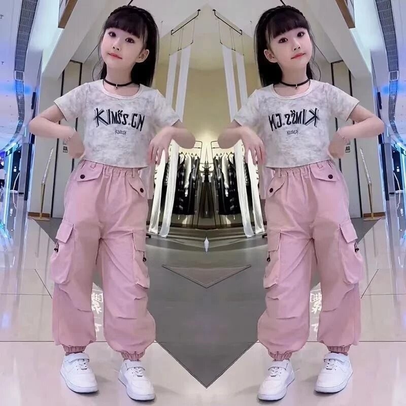 2026女童夏季工裝褲子新款套裝兒童洋氣中大童街舞短袖T恤兩件套150碼