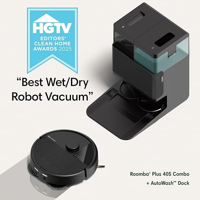 Roomba Plus 405 (G181) 2 合 1 真空和拖把機器人 附自動清洗底座 - 雙旋轉、智慧快速映射,非常適合寵物毛髮、自空 75 天、強力吸力、墊清洗和乾燥
