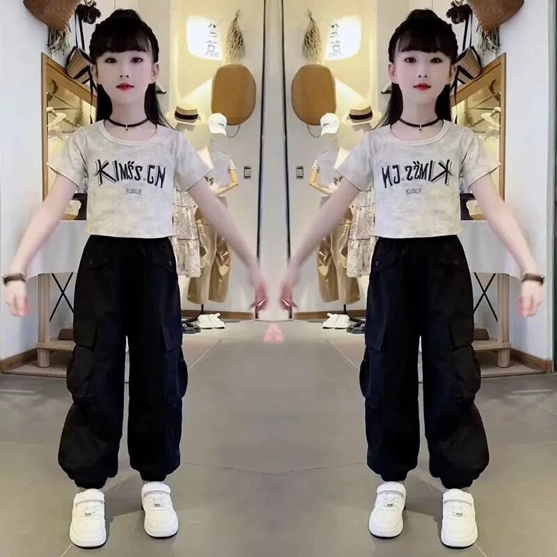 2025女童夏季工裝褲子新款套裝兒童洋氣中大童街舞短袖T恤兩件套150碼