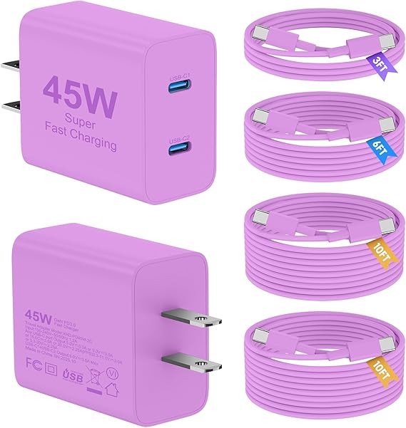 三星充電器 Type C,2 入 45W 雙埠 USB C 快速充電器座,附長 60W 3/6/10/10 英尺 USB C 轉 C 線