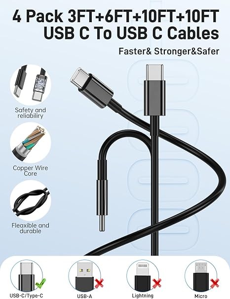 三星充電器 Type C,2 件裝雙埠 USB C 快速充電器座,附長 60W 3/6/10/10 英尺 USB C 轉 C 線,適用於 Samsung Galaxy S25/S25