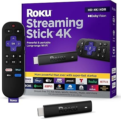 串流棒 4K - HDR 和 Dolby Vision Roku 串流裝置,適用於電視,附語音遙控器和遠程 Wi-Fi - 免費和直播電視