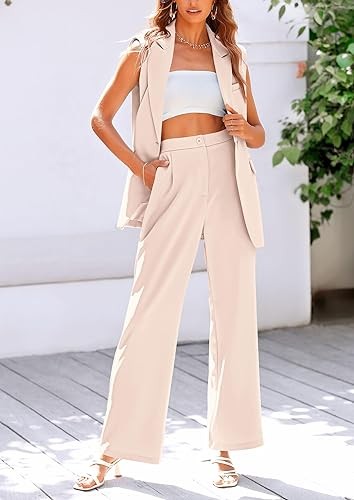 Women's 2 Piece Outfits Sleeveless Suit Vest and Wide Leg Pants Business Casual Blazer Sets