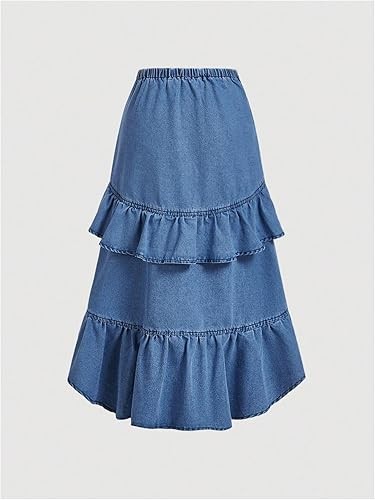 Women's Asymmetrical Long Jean Skirt Ruched Tiered Ruffle High Waisted Boho Western Fall Denim Maxi Skirts
