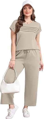 Two Piece Sets for Women Summer Spring Travel Vacation Outfits Cap Sleeve Lounge Matching Sets Wide Leg Pants