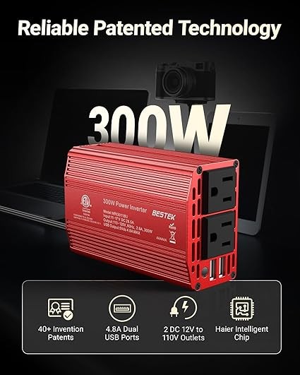 300W 電源轉換器，將 DC 12V 轉換為 110V AC，採用耐用的鋁製外殼車用充電器轉接頭，具備 4.8A 雙 USB 快速充電埠，3 英尺（約 91.4 公分）車用點煙器插頭，適用於手機、筆記型電腦