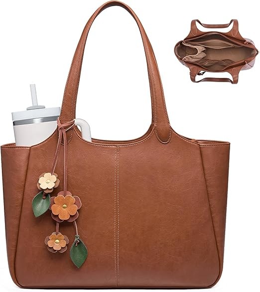 Tote Bag for Women, Leather Vintage Work Bag with 40oz Cup Holder, Fits 14" Laptop,Nurse Teacher Shoulder Bag | Leak-resistant