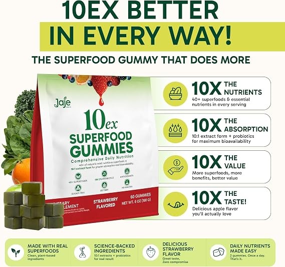10ex Supergreens Gummies w/Probiotics. 40 Superfoods & Super Greens. 10x More Nutrients. Multivitamins & Antioxidants From Whole Foods. Healthy Snacks For Adults. Keto, Low Carb, Low Calorie - 60 Ct