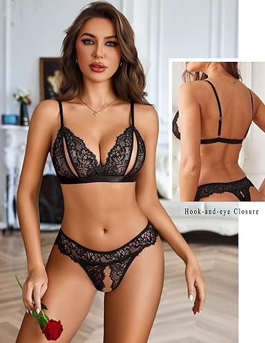 Lingerie Sets for Women Sexy 2 Piece Lace Bra and Panty Matching Set Cutout Lingerie