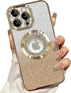 Misscase for iPhone 13 Pro Max Magnetic Glitter Case Compatible with MagSafe,Full Protection Slim Shockproof Anti-Scratch Case with Camera Lens Protector Logo View Dust-Proof Net for Women Gold