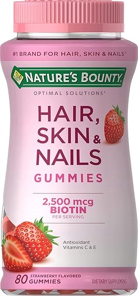 Nature's Bounty Optimal Solutions Hair, Skin & Nails Vitamin Gummies with Biotin, 2500 mcg, Strawberry, 80 Count, 40 Total Servings
