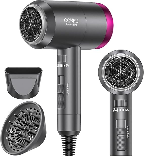 離子吹乾機 1600W 可攜式 輕量 快乾 負離子吹風機 3 種加熱設定和無限速度,附擴散器和集中噴嘴 適用於家庭和旅行