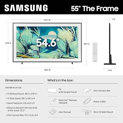 三星 55 吋 Class The Frame LS03F 4K QLED 智慧型電視(2025 年型號)薄型壁掛式,現代框架設計,NQ4 AI Gen2 處理器,藝術模式,巧妙的畫質,Samsung Vision AI,Alexa 內建