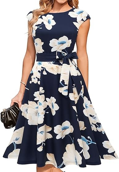 Women's Cocktail Dresses, Formal Wedding Guest Modest Church Vintage Tea Party Midi Evening Dress