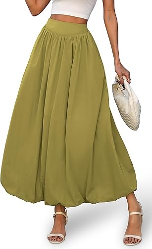 Women's Bubble Maxi Skirt, Elastic Waist Puffy Hem A-Line Skirt with Pockets