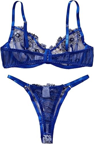 性感緞面網眼花卉薄紗刺繡鋼圈內衣組 2 件式女裝