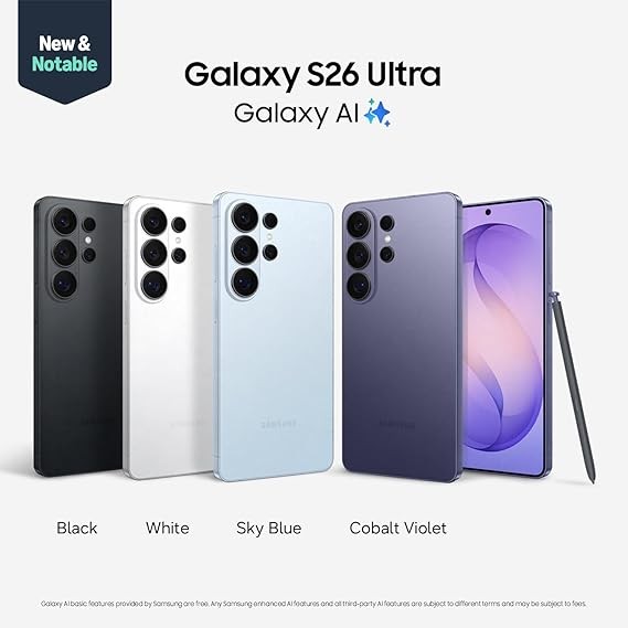 三星 Galaxy S26 Ultra,解鎖 Android 智慧型手機,512GB,隱私顯示器,Galaxy AI,AI 相機,超級快速充電 3.0,耐用電池,2026,美國1 年保固,黑色