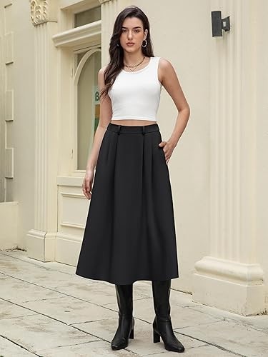 Women's High Waisted Midi Skirts Summer Business Skirt Flare Work A Line Pleated Skirt with Pockets