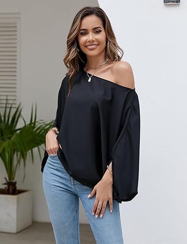 Womens Off The Shoulder Flowy Tops Casual Batwing Sleeves Blouses Loose Chiffon Shirts
