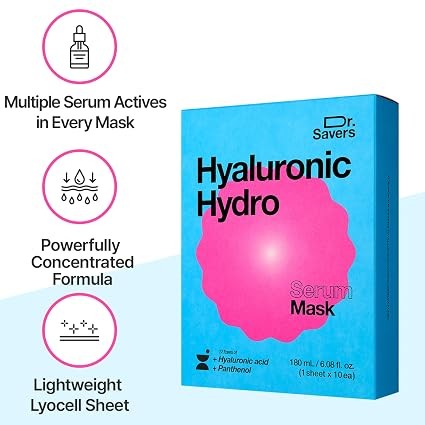 Dr. Savers Hyaluronic Acid Face Serum Mask, 0.60 Fl Oz, Deep Hydrating & Repair Skin Barrier with Panthenol, Lightweight, Non-Sticky, Moisturizing Dewy Skin, Personalized Korean Skincare, 10 Sheets